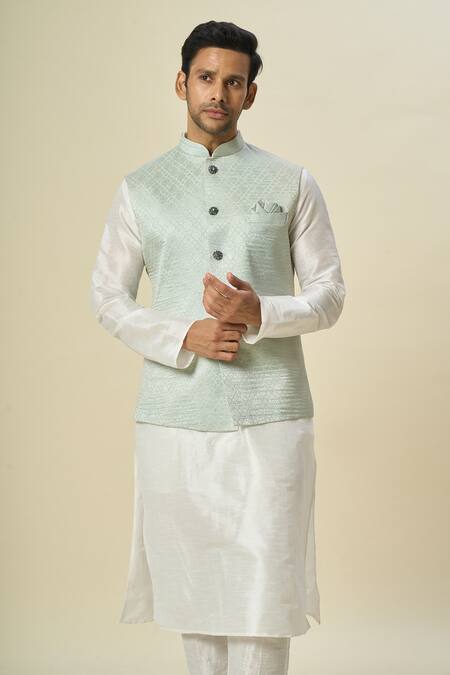 Arihant Rai Sinha_Green Brocade, Silk Embroidery Floral Woven Bundi Kurta Set _Online_at_Aza_Fashions