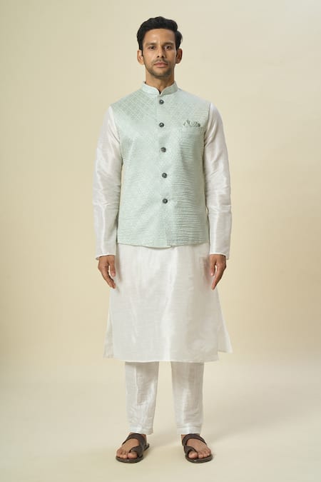 Arihant Rai Sinha_Green Brocade, Silk Embroidery Floral Woven Bundi Kurta Set _at_Aza_Fashions
