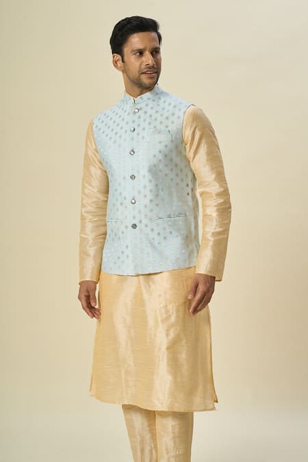 Buy Arihant Rai Sinha Sky Blue Brocade, Silk Embroidery Floral Butti Woven Bundi Set Online at Aza Fashions Buy_Arihant Rai Sinha_Sky Blue Brocade, Silk Embroidery Floral Butti Woven Bundi Set _Online_at_Aza_Fashions