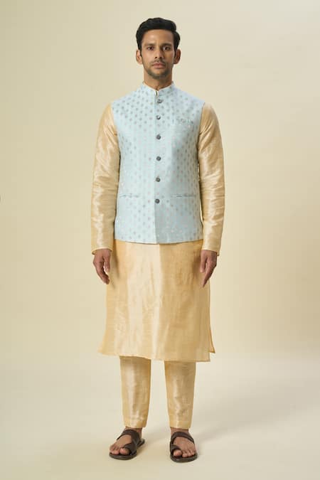 Shop Arihant Rai Sinha Sky Blue Brocade, Silk Embroidery Floral Butti Woven Bundi Set Online at Aza Fashions Shop_Arihant Rai Sinha_Sky Blue Brocade, Silk Embroidery Floral Butti Woven Bundi Set _Online_at_Aza_Fashions