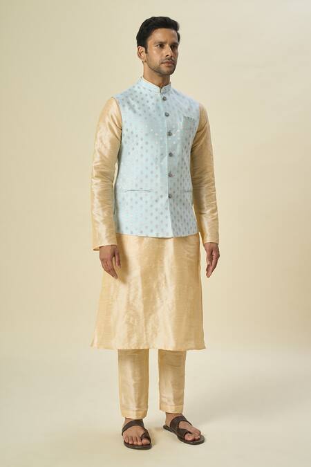 Arihant Rai Sinha Sky Blue Brocade, Silk Embroidery Floral Butti Woven Bundi Set at Aza Fashions Arihant Rai Sinha_Sky Blue Brocade, Silk Embroidery Floral Butti Woven Bundi Set _at_Aza_Fashions