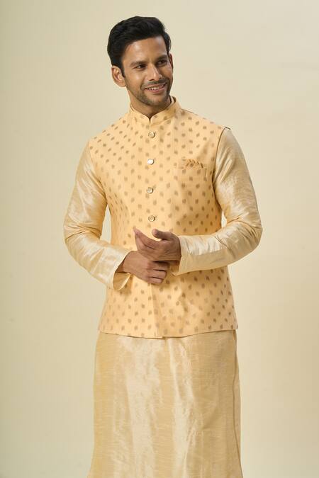 Buy_Arihant Rai Sinha_Orange Brocade, Silk Embroidery Leaf Motif Bundi Kurta Set _Online_at_Aza_Fashions