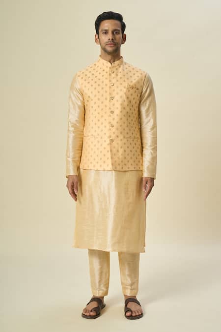 Shop_Arihant Rai Sinha_Orange Brocade, Silk Embroidery Leaf Motif Bundi Kurta Set _Online_at_Aza_Fashions