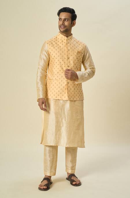 Buy_Arihant Rai Sinha_Orange Brocade, Silk Embroidery Leaf Motif Bundi Kurta Set 