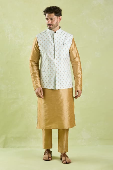 Buy_Arihant Rai Sinha_Blue Brocade, Silk Embroidery Leaf Woven Motifs Bundi Kurta Set _Online_at_Aza_Fashions