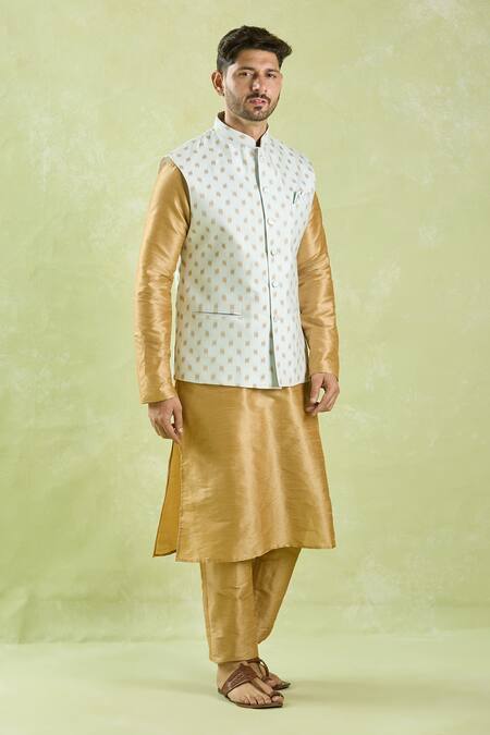 Shop_Arihant Rai Sinha_Blue Brocade, Silk Embroidery Leaf Woven Motifs Bundi Kurta Set _Online_at_Aza_Fashions