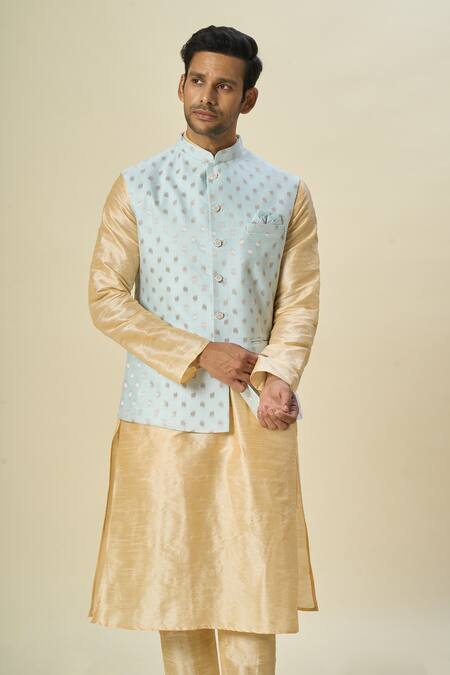Buy Arihant Rai Sinha Blue Brocade, Silk Embroidery Leaf Motifs Woven Bundi Kurta Set Online at Aza Fashions Buy_Arihant Rai Sinha_Blue Brocade, Silk Embroidery Leaf Motifs Woven Bundi Kurta Set _Online_at_Aza_Fashions