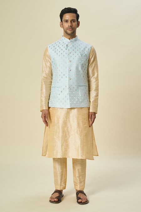 Shop Arihant Rai Sinha Blue Brocade, Silk Embroidery Leaf Motifs Woven Bundi Kurta Set Online at Aza Fashions Shop_Arihant Rai Sinha_Blue Brocade, Silk Embroidery Leaf Motifs Woven Bundi Kurta Set _Online_at_Aza_Fashions