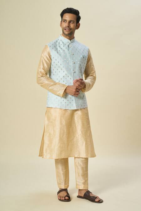 Arihant Rai Sinha Blue Brocade, Silk Embroidery Leaf Motifs Woven Bundi Kurta Set at Aza Fashions Arihant Rai Sinha_Blue Brocade, Silk Embroidery Leaf Motifs Woven Bundi Kurta Set _at_Aza_Fashions