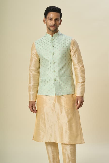 Buy_Arihant Rai Sinha_Green Brocade, Silk Embroidery Floral Woven Bundi And Kurta Set _Online_at_Aza_Fashions