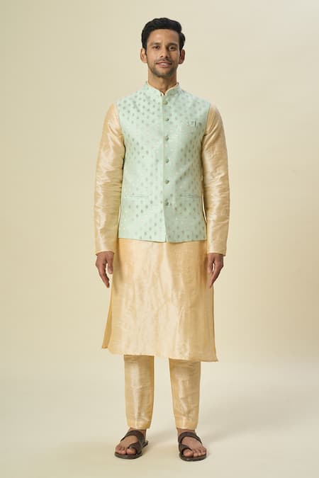 Shop_Arihant Rai Sinha_Green Brocade, Silk Embroidery Floral Woven Bundi And Kurta Set _Online_at_Aza_Fashions