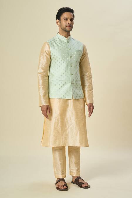 Arihant Rai Sinha_Green Brocade, Silk Embroidery Floral Woven Bundi And Kurta Set _at_Aza_Fashions