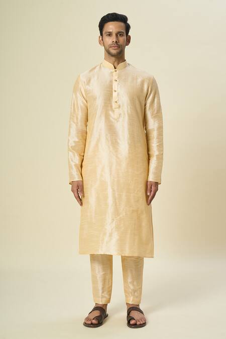 Arihant Rai Sinha_Beige Brocade, Silk Embroidery Floral Woven Bundi Kurta Set _Online_at_Aza_Fashions