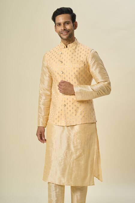 Buy_Arihant Rai Sinha_Beige Brocade, Silk Embroidery Floral Woven Bundi Kurta Set _Online_at_Aza_Fashions