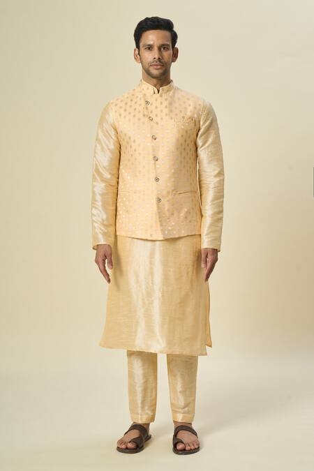 Shop_Arihant Rai Sinha_Beige Brocade, Silk Embroidery Floral Woven Bundi Kurta Set _Online_at_Aza_Fashions