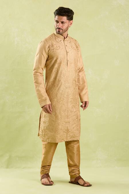 Shop Arihant Rai Sinha Beige Polyester, Silk, Chanderi Embroidery Floral Aari Kurta Set Online at Aza Fashions Shop_Arihant Rai Sinha_Beige Polyester, Silk, Chanderi Embroidery Floral Aari Kurta Set _Online_at_Aza_Fashions