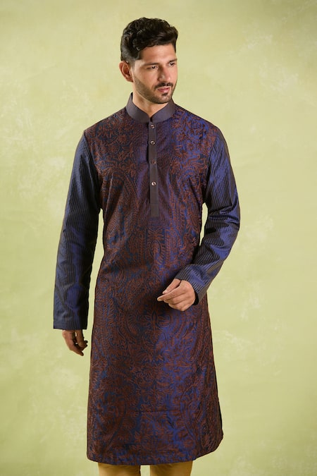 Shop_Arihant Rai Sinha_Blue , Chanderi Embroidery Floral Paisley Kurta Set _Online_at_Aza_Fashions