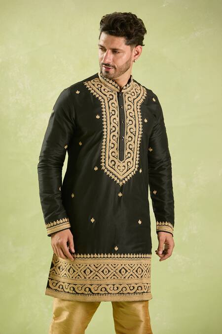 Arihant Rai Sinha Black Polyester, Silk Embroidery, Zari Kurta Set Online at Aza Fashions Arihant Rai Sinha_Black Polyester, Silk Embroidery, Zari Kurta Set _Online_at_Aza_Fashions