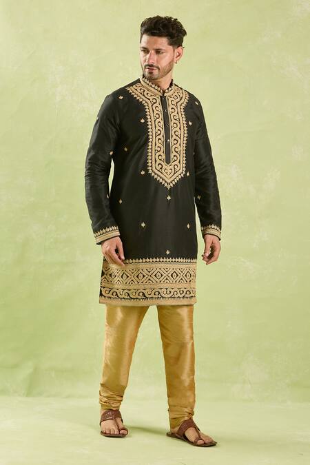 Shop Arihant Rai Sinha Black Polyester, Silk Embroidery, Zari Kurta Set Online at Aza Fashions Shop_Arihant Rai Sinha_Black Polyester, Silk Embroidery, Zari Kurta Set _Online_at_Aza_Fashions