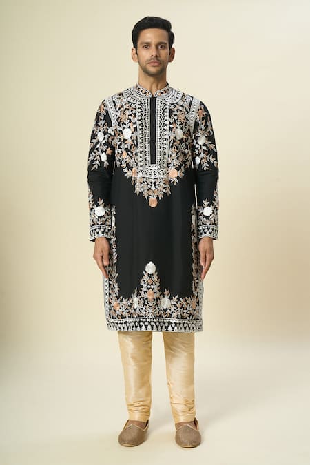 Buy_Arihant Rai Sinha_Black Polyester, Silk, Chanderi Embroidery Floral Vine Kurta Set _Online_at_Aza_Fashions