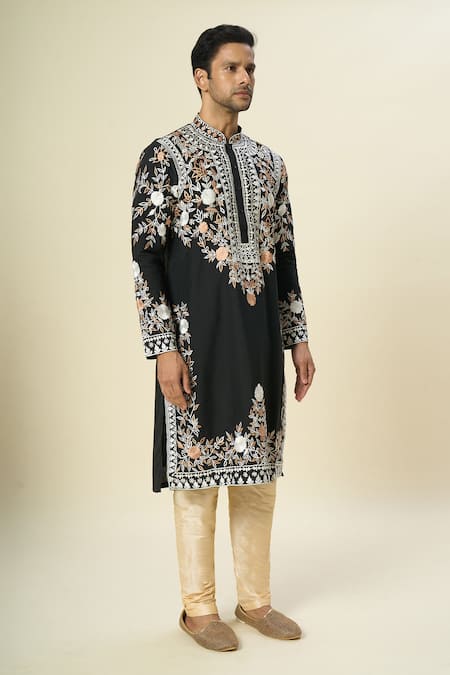 Shop_Arihant Rai Sinha_Black Polyester, Silk, Chanderi Embroidery Floral Vine Kurta Set _Online_at_Aza_Fashions