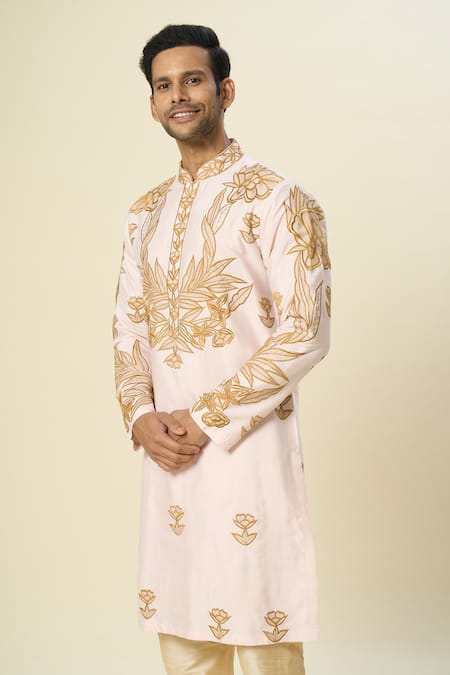 Arihant Rai Sinha_Pink Polyester, Silk, Chanderi Embroidery Floral Kurta Set _Online_at_Aza_Fashions