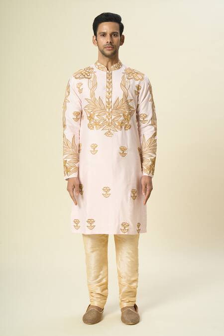 Buy_Arihant Rai Sinha_Pink Polyester, Silk, Chanderi Embroidery Floral Kurta Set _Online_at_Aza_Fashions