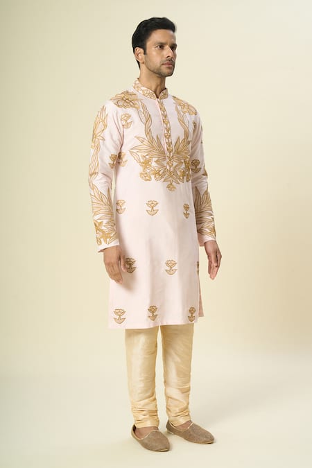 Shop_Arihant Rai Sinha_Pink Polyester, Silk, Chanderi Embroidery Floral Kurta Set _Online_at_Aza_Fashions