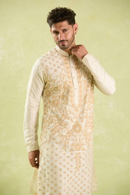 Arihant Rai Sinha_Cream Polyester, , Chanderi Embroidery Floral Vine Kurta Set _Online_at_Aza_Fashions