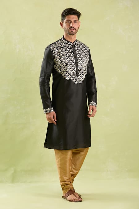 Shop_Arihant Rai Sinha_Black Polyester, , Chanderi Embroidery Leaf Kurta Set _Online_at_Aza_Fashions