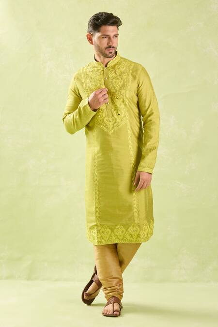 Shop Arihant Rai Sinha Green Polyester, Silk, Chanderi Embroidery, Mirrors Floral Kurta Set Online at Aza Fashions Shop_Arihant Rai Sinha_Green Polyester, Silk, Chanderi Embroidery, Mirrors Floral Kurta Set _Online_at_Aza_Fashions