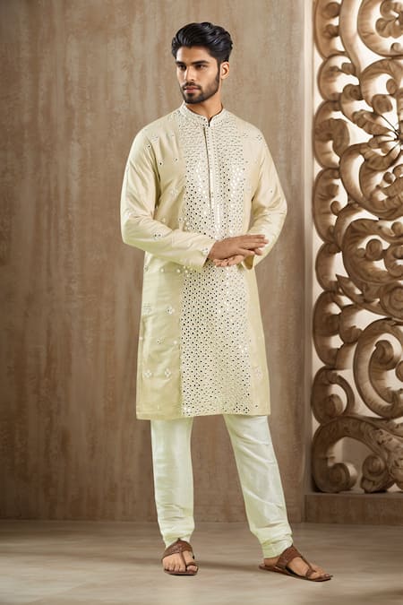 Samyukta Singhania Beige Polyester, Silk, Chanderi Mirrors, Embroidery Kurta Set 