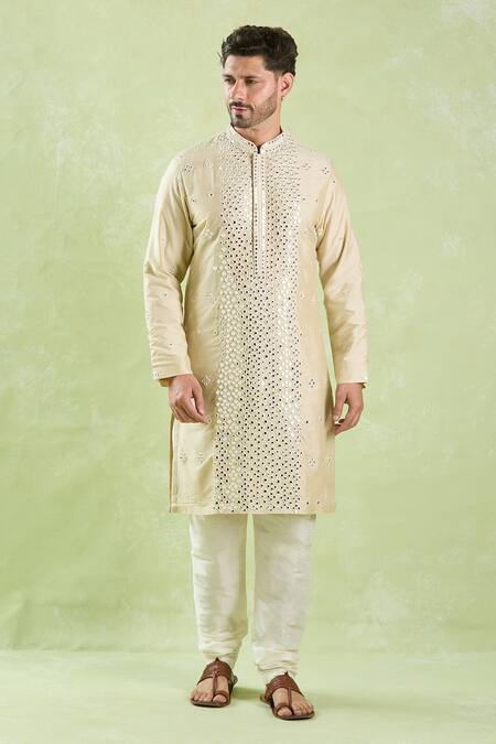 Arihant Rai Sinha Beige Polyester, Silk, Chanderi Mirrors, Embroidery Kurta Set Online at Aza Fashions Arihant Rai Sinha_Beige Polyester, Silk, Chanderi Mirrors, Embroidery Kurta Set _Online_at_Aza_Fashions