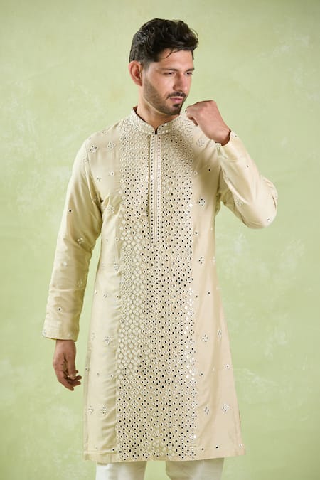 Shop Arihant Rai Sinha Beige Polyester, Silk, Chanderi Mirrors, Embroidery Kurta Set Online at Aza Fashions Shop_Arihant Rai Sinha_Beige Polyester, Silk, Chanderi Mirrors, Embroidery Kurta Set _Online_at_Aza_Fashions