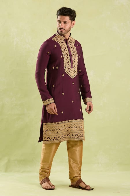 Arihant Rai Sinha Wine Polyester, Silk, Chanderi Embroidery Dori Kurta Set Online at Aza Fashions Arihant Rai Sinha_Wine Polyester, Silk, Chanderi Embroidery Dori Kurta Set _Online_at_Aza_Fashions