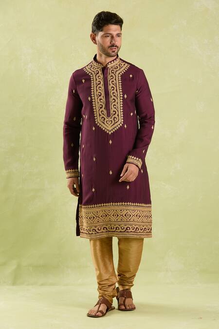 Buy Arihant Rai Sinha Wine Polyester, Silk, Chanderi Embroidery Dori Kurta Set Online at Aza Fashions Buy_Arihant Rai Sinha_Wine Polyester, Silk, Chanderi Embroidery Dori Kurta Set _Online_at_Aza_Fashions