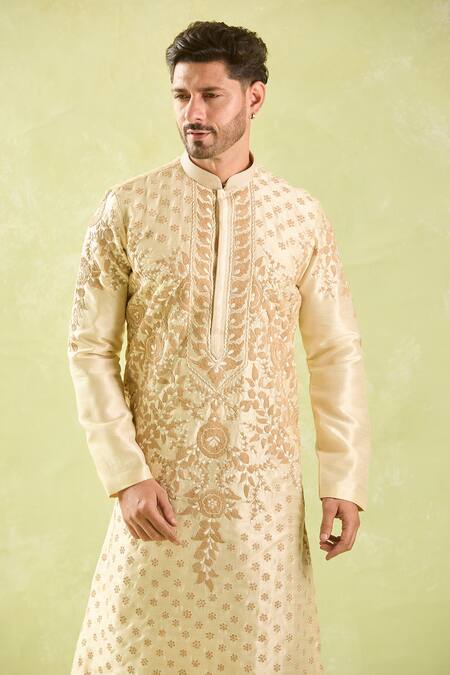Arihant Rai Sinha Beige , Chanderi Embroidery Floral Vine Thread Kurta Set Online at Aza Fashions Arihant Rai Sinha_Beige , Chanderi Embroidery Floral Vine Thread Kurta Set _Online_at_Aza_Fashions
