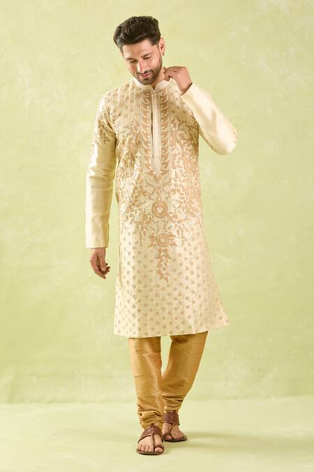 Shop Arihant Rai Sinha Beige , Chanderi Embroidery Floral Vine Thread Kurta Set Online at Aza Fashions Shop_Arihant Rai Sinha_Beige , Chanderi Embroidery Floral Vine Thread Kurta Set _Online_at_Aza_Fashions