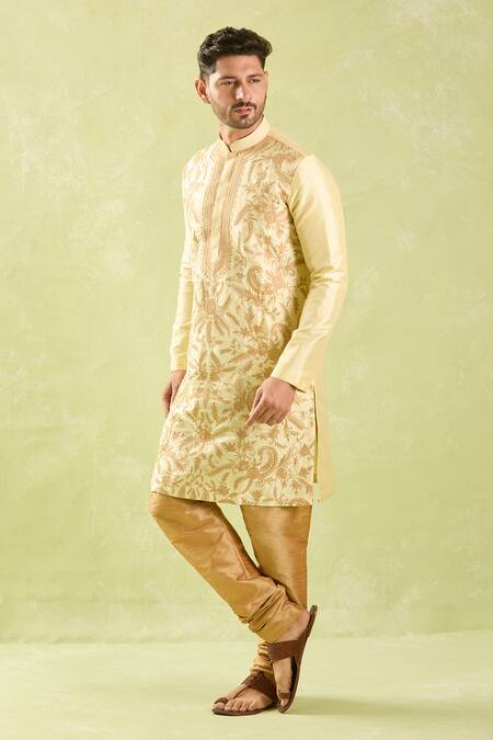 Shop Arihant Rai Sinha Beige Silk, Chanderi Embroidery Floral Bloom Kurta Set Online at Aza Fashions Shop_Arihant Rai Sinha_Beige Silk, Chanderi Embroidery Floral Bloom Kurta Set _Online_at_Aza_Fashions