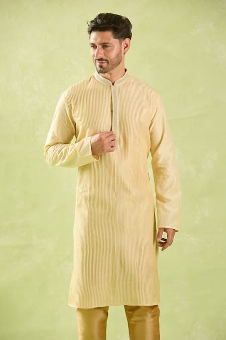 Arihant Rai Sinha_Beige Polyester, Silk, Chanderi Embroidery Pintucked Kurta Set _Online_at_Aza_Fashions