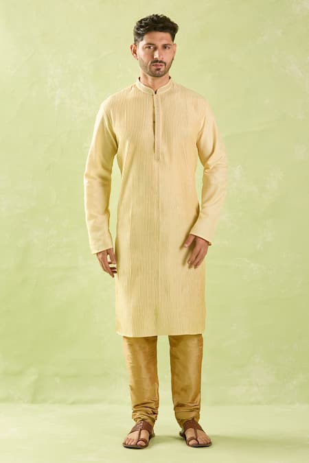 Buy_Arihant Rai Sinha_Beige Polyester, Silk, Chanderi Embroidery Pintucked Kurta Set _Online_at_Aza_Fashions
