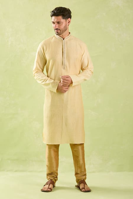 Shop_Arihant Rai Sinha_Beige Polyester, Silk, Chanderi Embroidery Pintucked Kurta Set _Online_at_Aza_Fashions
