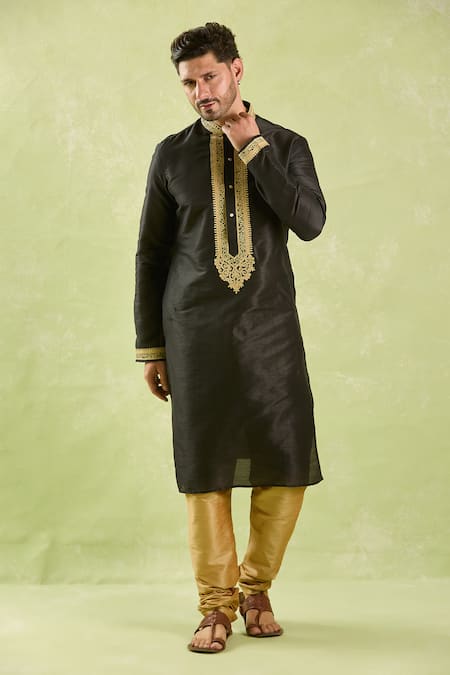 Arihant Rai Sinha_Black Silk Embroidery, Zari Dori Kurta Set _Online_at_Aza_Fashions