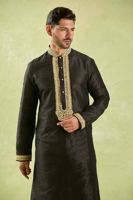 Buy_Arihant Rai Sinha_Black Silk Embroidery, Zari Dori Kurta Set _Online_at_Aza_Fashions
