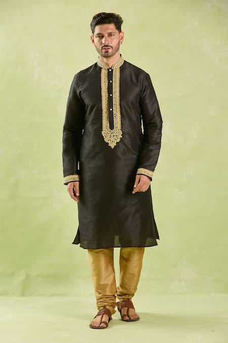 Shop_Arihant Rai Sinha_Black Silk Embroidery, Zari Dori Kurta Set _Online_at_Aza_Fashions
