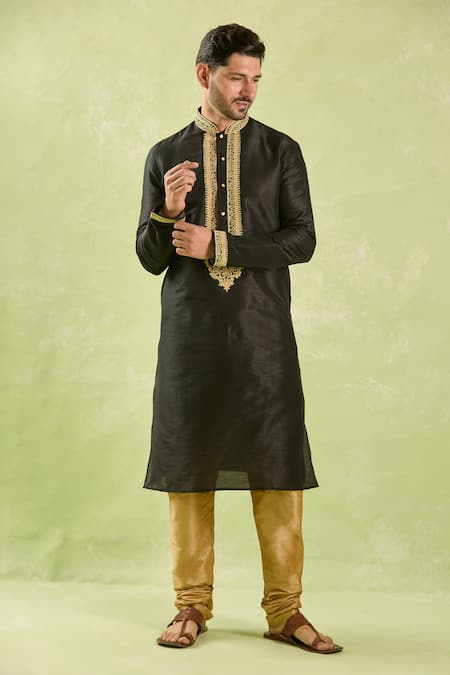 Arihant Rai Sinha_Black Silk Embroidery, Zari Dori Kurta Set _at_Aza_Fashions