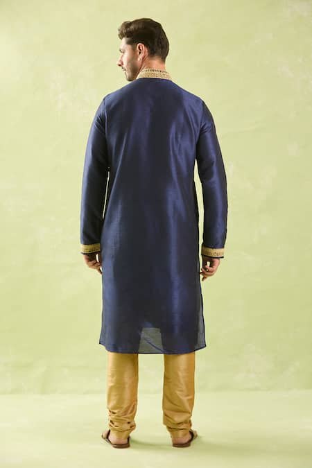 Shop Arihant Rai Sinha Blue Silk, Polyester Embroidery, Zari, Diamonds Kurta With Churidar Set at Aza Fashions Shop_Arihant Rai Sinha_Blue Silk, Polyester Embroidery, Zari, Diamonds Kurta With Churidar Set _at_Aza_Fashions