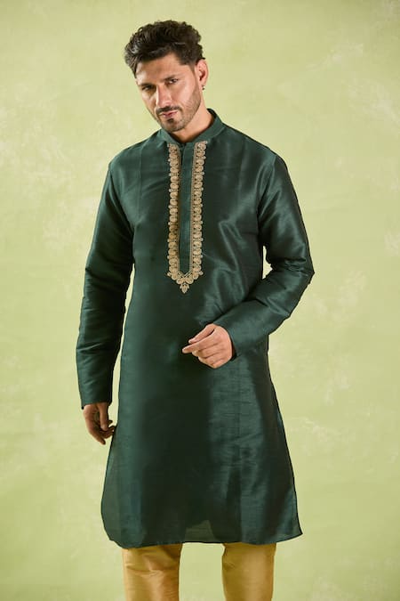 Arihant Rai Sinha_Green Silk, Polyester Zari, Embroidery Paisley Motif Kurta Set _Online_at_Aza_Fashions