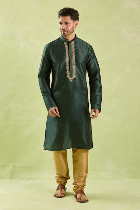 Buy_Arihant Rai Sinha_Green Silk, Polyester Zari, Embroidery Paisley Motif Kurta Set _Online_at_Aza_Fashions