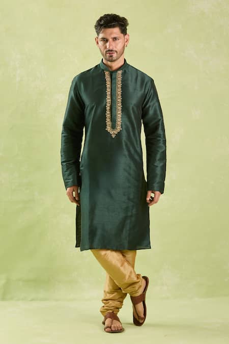 Shop_Arihant Rai Sinha_Green Silk, Polyester Zari, Embroidery Paisley Motif Kurta Set _Online_at_Aza_Fashions
